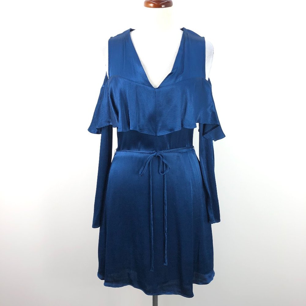 Mango Blue Satin Ruffle Off Shoulder Mini Dress